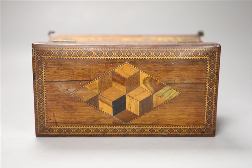 A Regency rosewood and Tunbridge ware inlaid tea caddy, length 22cm (locked)